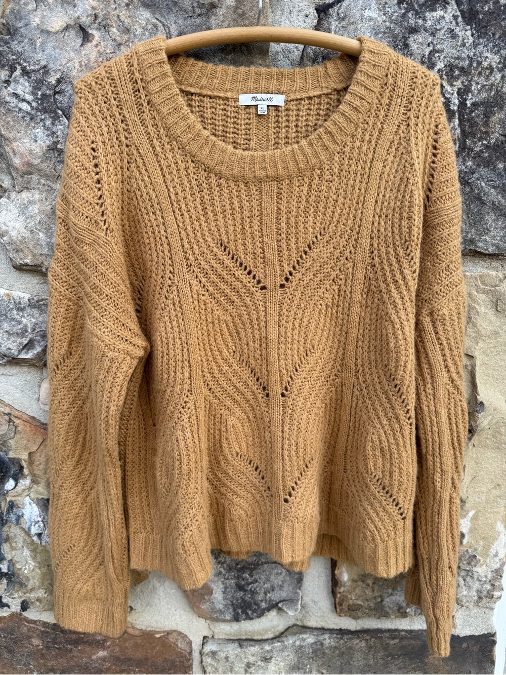 Madewell Open Cable Crewneck Sweater in Camel XL Cottagecore Cozy Fall